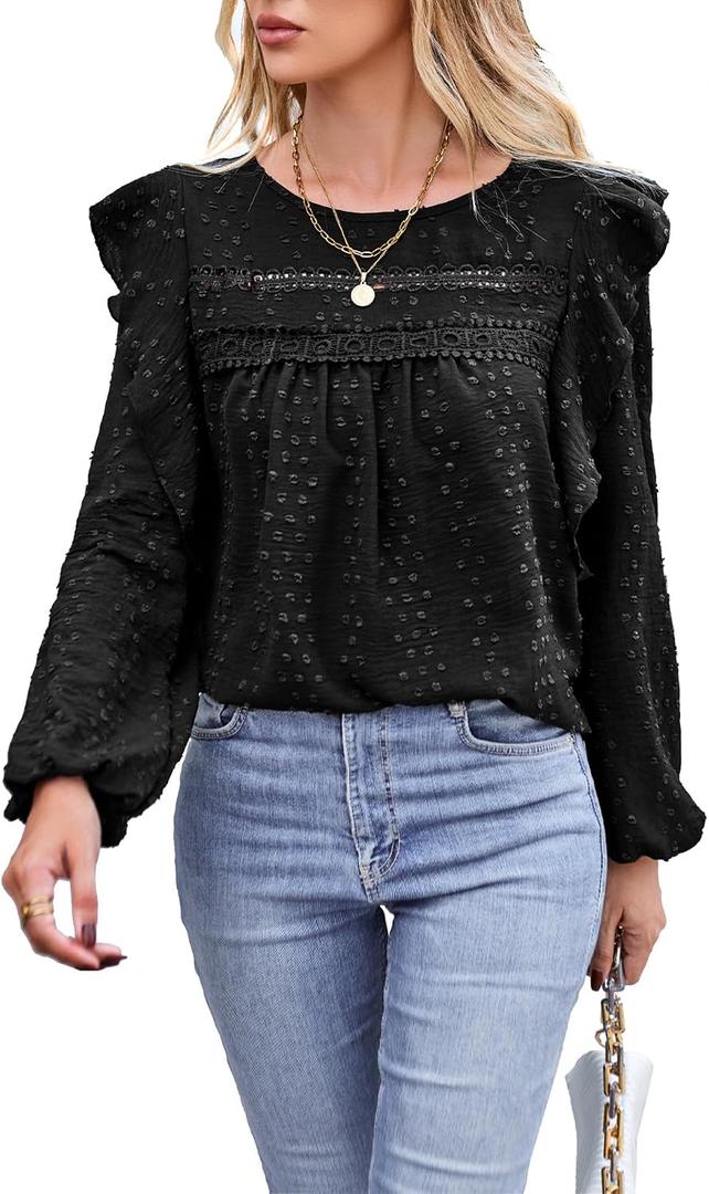 Women's Long Sleeve Blouse Loose Casual Crewneck Shirts Boho Floral Swiss Dot Ruffle Tops 2026 Spring Dressy Tunic