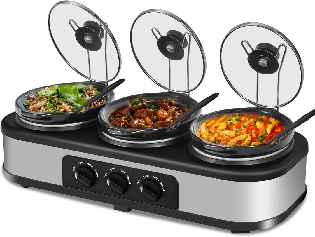 Triple Slow Cooker, 3×1.5 QT Buffet Servers and Warmers, 3 Pots Buffet Slow Cooker Adjustable Temp Lid Rests Stainless Steel Manual Silver for Parties Holidays Families, 4.5 Quarts