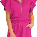 SELINK Two Piece Sets for Women Summer Outfits Ruffle Cap Sleeve Zip Top Wide Leg Pants Lounge Set Tracksuits (XX-Large, Rose)