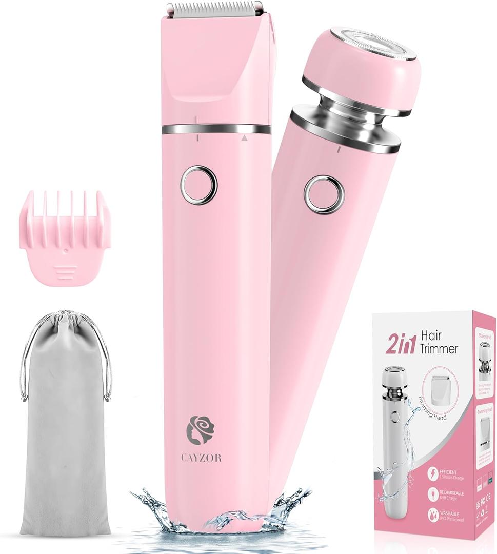 Bikini Trimmer and Shaver Kit for Women - 2-in-1 Wet/Dry Electric Body Hair Trimmer Facial Hair Removal Cordless Waterproof Bikini Shaver Razor for Face Lip Chin Pubic Underarm Legs (Pink)