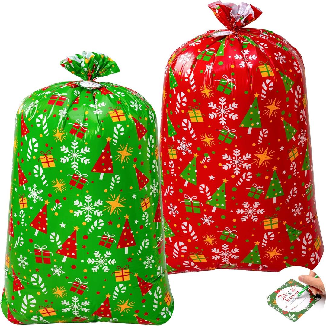 JOYIN 2 PCS Large Red & Green Christmas Holiday Plastic Gift Bags 56"x36" with Gift Tags for Heavy Duty Large Gifts, Xmas Presents Warpping