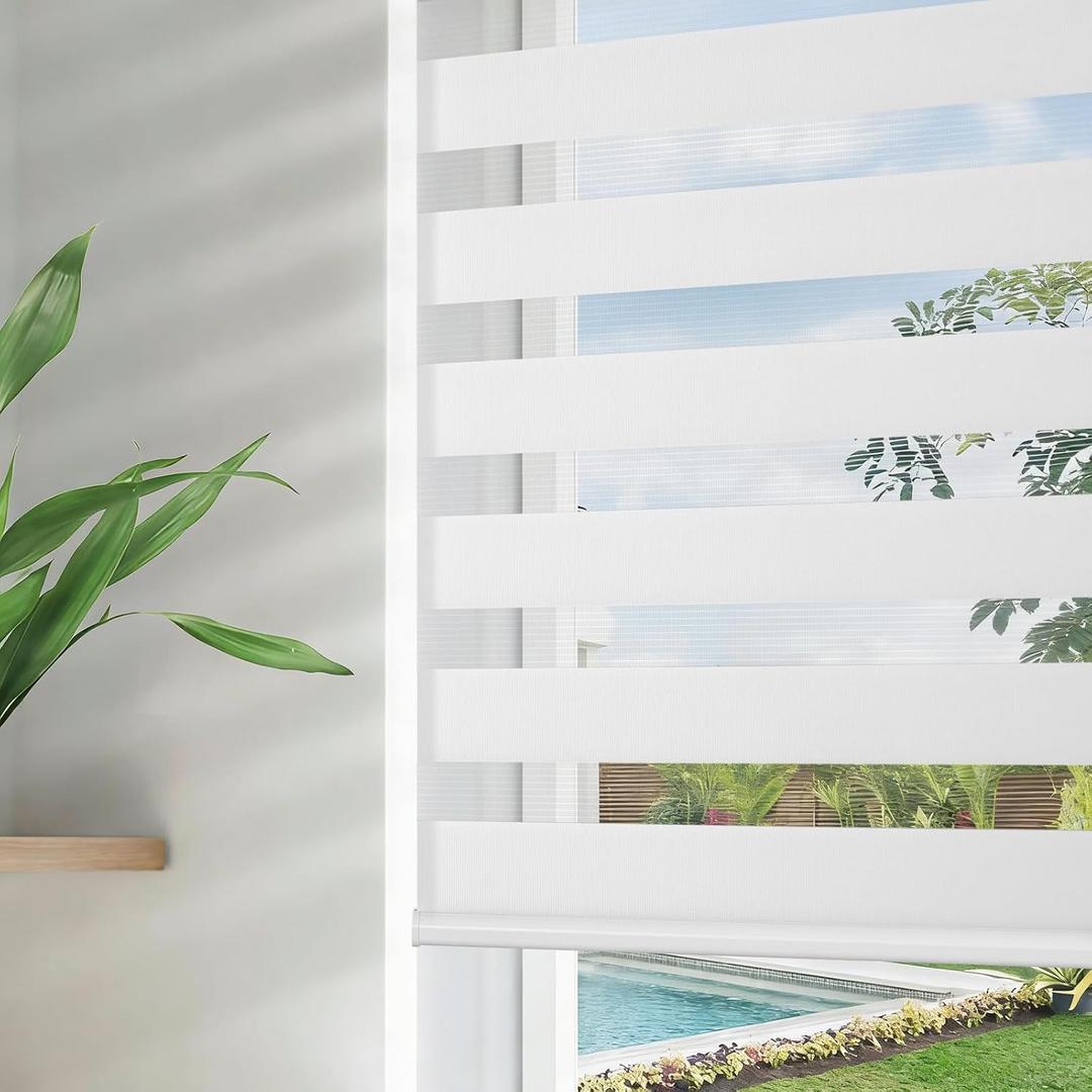 Joydeco Cordless Zebra Blinds for Windows, Dual Layer Free-Stop Zebra Shades Privacy Light Control for Day and Night, Light Filtering Sheer Blinds for Indoor Windows (Off-White, 31" W x 75" H)