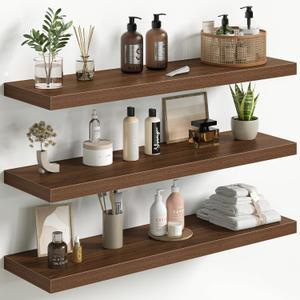 Fun Memories Floating Shelves for Wall 36 Inch Set of 3, Farmhouse Floating Shelves with Invisible Heavy Duty Bracket, 10 Inch Deep Bathroom Shelves for Storage, Living Room, Kitchen, Decor, Walnut