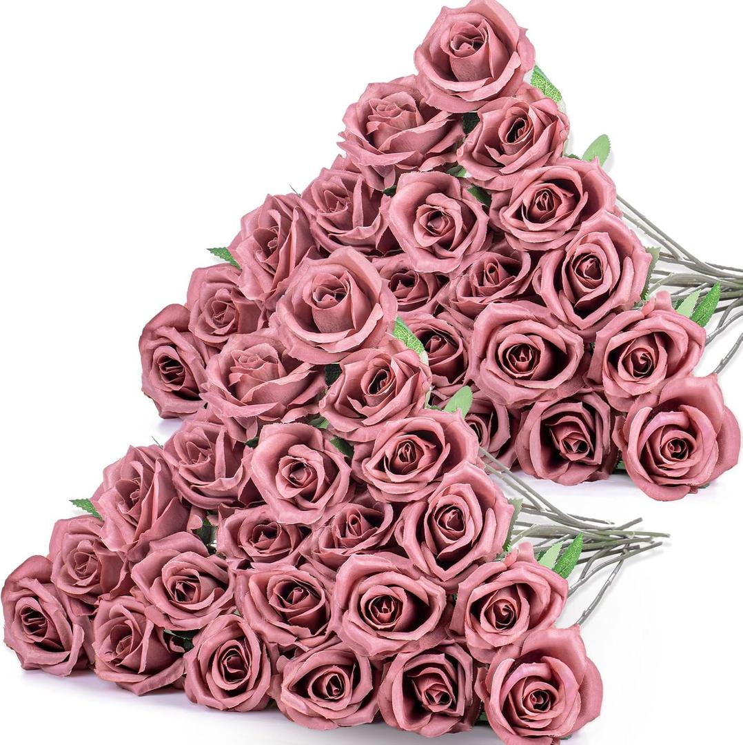 Hotop 40 Pcs Rose Artificial Flowers Bulk with Long Stem,Realistic Silk Fake Roses Bouquet for Home Wedding Centerpieces Party Table Decoration Valentines Gifts(Dusty)