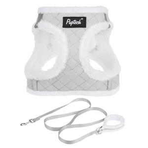 PUPTECK Plush Dog Harness and Leash Set for Small Medium Dogs No Pull Step-in Soft Mesh Puppy Cat Winter Vest Harnesses Reflective at Night Warm, Plush Grey, M