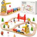 Tiny Land 55PCS Wooden Train Set - Compatible with Major Brand Tracks, Educational Toy for Toddlers & Kids Ages 3-7, Durable Wooden Railway Tracks