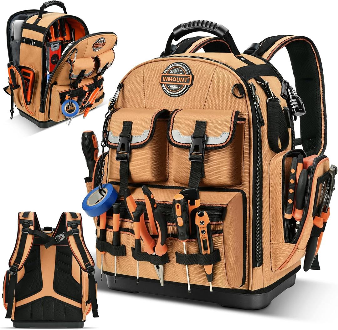 LOKASS Backpack Tool Bag Tool Backpack Heavy Duty Tool Organizer, Water-resistant HVAC Tool Backpack Electrician Tool Box with Molded Base Tan Brown