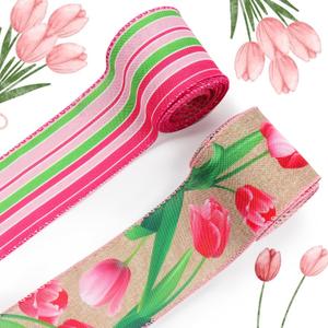 Threetols 2 Rolls 10 Yards Floral Wired Edge Ribbon, 2.5inch Pink Tulip Burlap Ribbon, Pink Green Stripe Gift Wrapping Ribbon for Farmhouse Party DIY Craft Spring Wreaths Bow Decoration