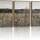 InSimSea 3 Pcs Framed Canvas Art for Living Room, 16x24inch, Vintage Wall Decor, French Country Meadow Landscape Paintings with Frame, Bedroom Farmhouse Decor Above Bed, Set of 3 (Champ Fleuri)