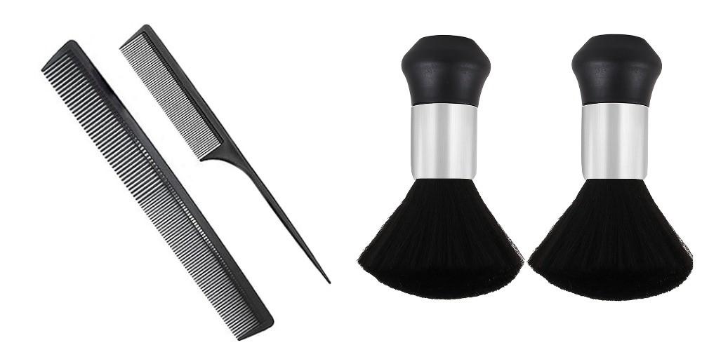 Set of 2: Professional Black Carbon Fiber Teasing Comb, Fine and Wide Tooth Hair Barber Comb For All Hair Types + Large Neck Duster Brush Professional Barber Neck Duster Brush Soft Barber Face Cleaning Hairbrush Nylon Hair Cutting Kits Barber Accessories Cleaning Supplies