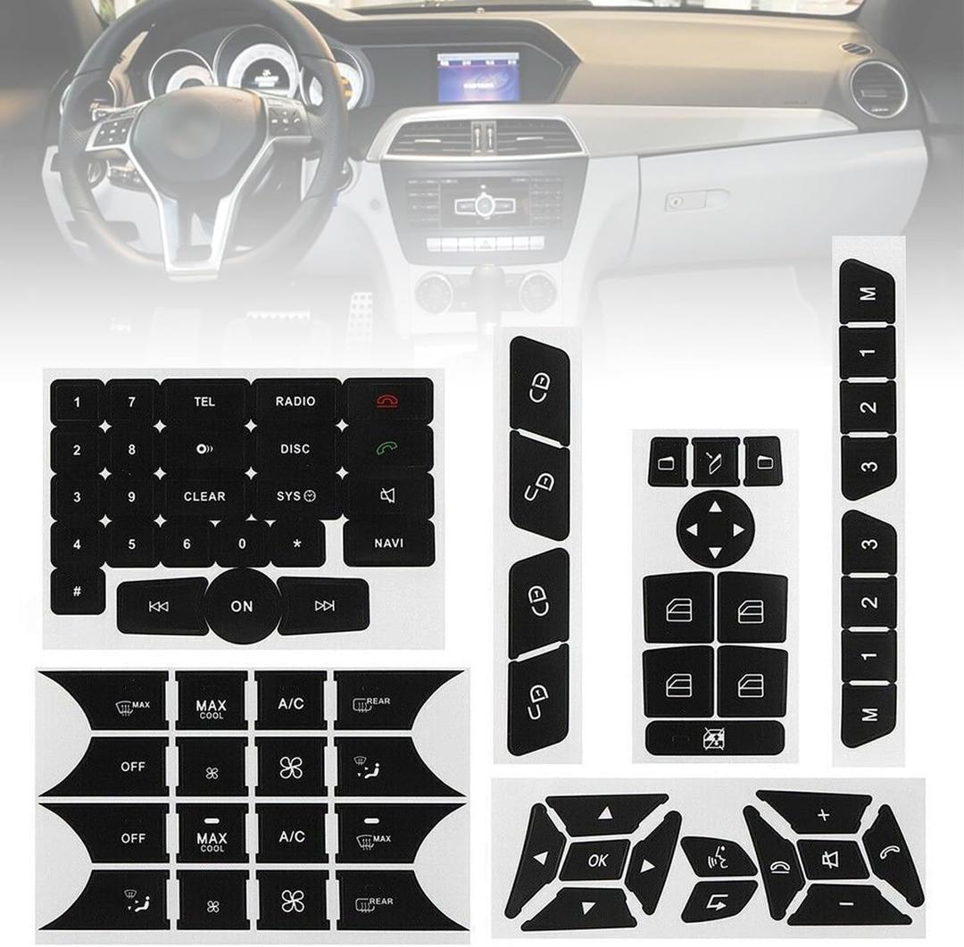 Car Interior Stickers Button Decal Compatible with Mercedes Benz GLK350 C Class CLS C218 SLK W172 W204 W212 W218 W207 Steering Wheel A/C Air Conditioner Window Radio Number Door Dash Sticker