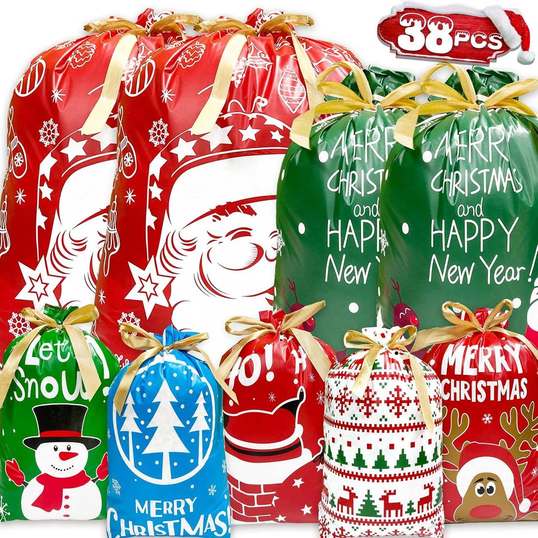 Funnlot Christmas Drawstring Gift Bags - 38PCS Assorted Sizes & Designs