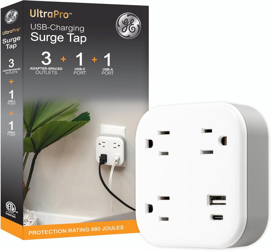GE UltraPro 3-Outlet Surge Protector, Outlet Extendor with USB, Wall Tap, 1 USB-A, 1 USB-C, Adapter Spaced, for Home or Office, 900 Joules, Charging Station, White