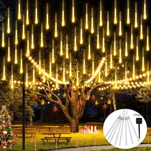 JMEXSUSS Solar Meteor Shower Lights Outdoor, 8 Tube 144 LEDs Warm White Solar Christmas Lights for Tree Eave Xmas Holiday Party Patio House Wedding Decor