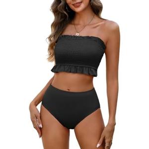 Tempt Me Women Bandeau High Waisted Bikini Sets Smocked Swimsuit Strapless Two Piece Bathing Suit, Medium, Black
