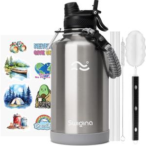 [2-IN-1 LID] 64 oz Insulated Water Bottle with Silicone Boot (48hrs Cold/24hrs Hot) - DIY Stickers, Leakproof, BPA Free, Half Gallon (Stainless Steel)