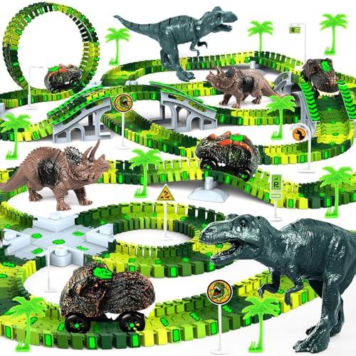 Dinosaur Toys for Kids 3-5, Glow in The Dark Flexible Train Track Playset, 2 Dinosaur Car for 3-7 Year & Up Old Boys & Girls Best Gift