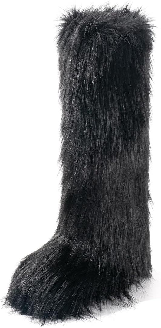 IXU Women's Faux Fur Boot Furry Fluffy Round Toe Suede Winter Comfy Plush Warm Short Outdoor Indoor Flat Shoes Knee-High Boots (8, Black)