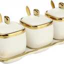 3 Pack Ceramic Sugar Bowls Set-Marble Porcelain Spice Jars Storage Containers Condiment Jar Spice Container with Spoons and Lids for Home and Kitchen (White)