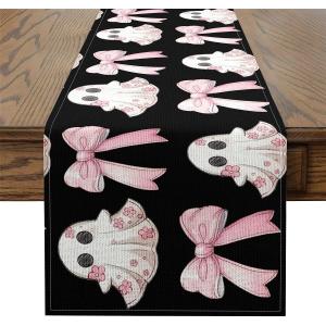 Cute Ghost Table Runners Halloween Bow Cloth for End Table, Pink Flowers Ghosts Cartoon Halloween Decor Bowknot Dresser Scarf 108"x13",Black