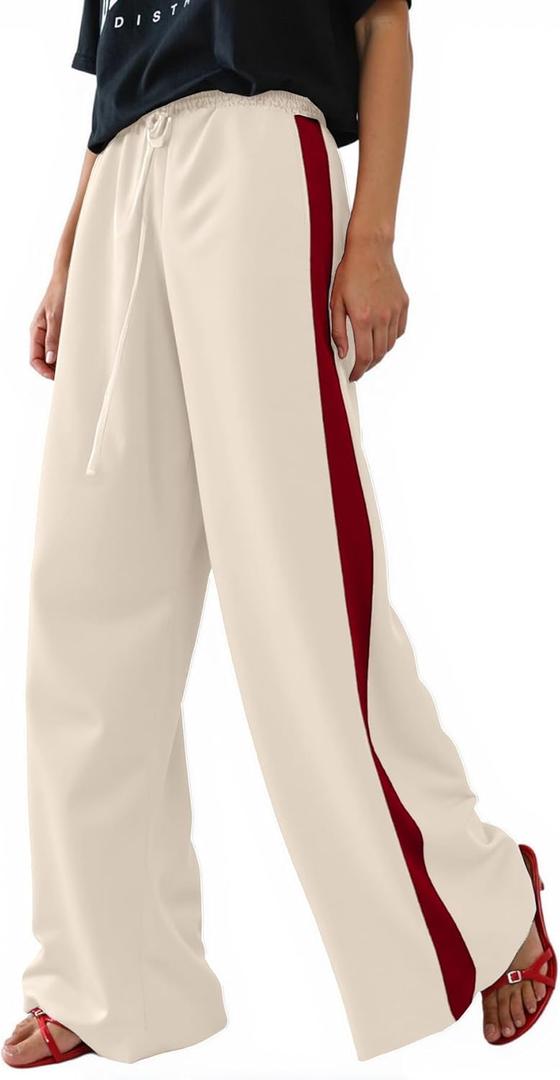 Women's Casual Pants Drawstring Leopard Print Color Block Side Striped Straight Leg Wide Leg Loose Pants