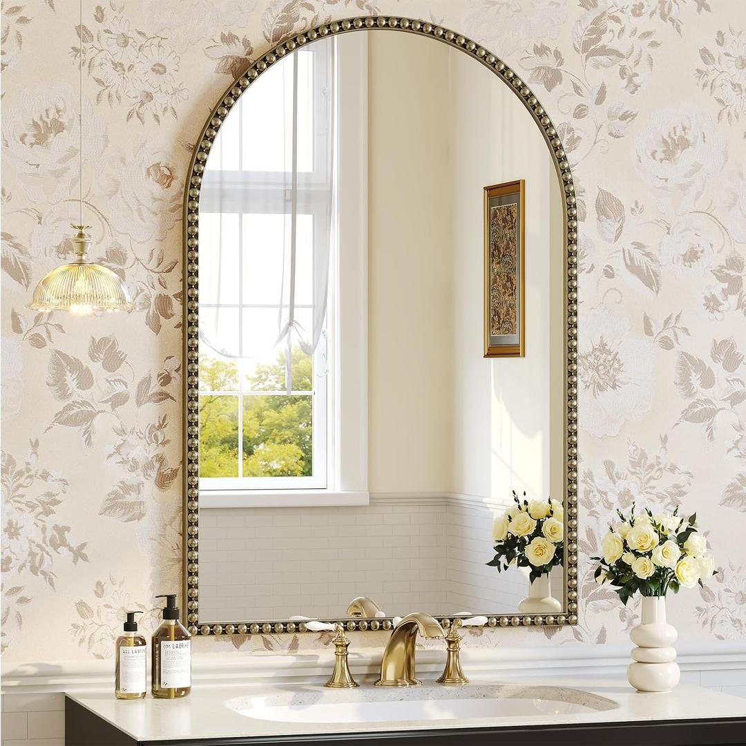 Champagne Bronze Arched Mirror 24"x36", Champagne Bronze Mirror for Bathroom, Entryway, Bedroom, Fireplace, Over Sink, Vintage Gold Arch Mirror with Metal Beaded Frame