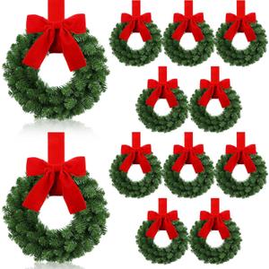 12 Pcs 9 Inch Small Christmas Wreaths for Kitchen Cabinet with Red Velvet Bow Ribbon Christmas Farmhouse Decoration Artificial Hanging Pine Wreath for Front Door Porch Chair Wall Window