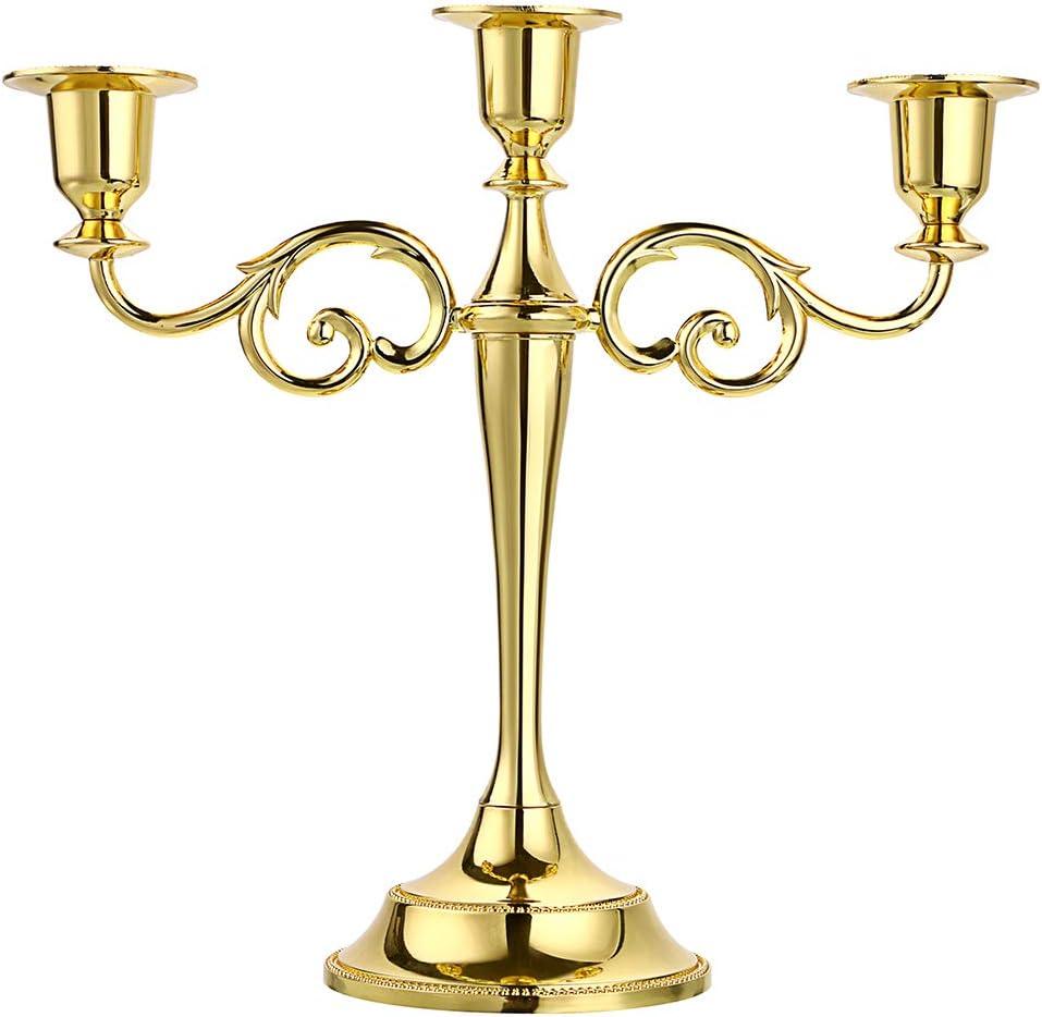 OwnMy 3 Arms Metal Candelabra Candlestick Silver European Elegant Candle Holder Candle Stand for Wedding Dining Table Christmas Party Home Decoration (Golden Tone)