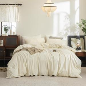 FOSSA Duvet Cover Set 100% Washed Cotton Linen Feel Super Soft Breathable Cozy 3 Pieces Bedding Sets Solid Cream White Super Queen (Super Queen (98" x 90"))
