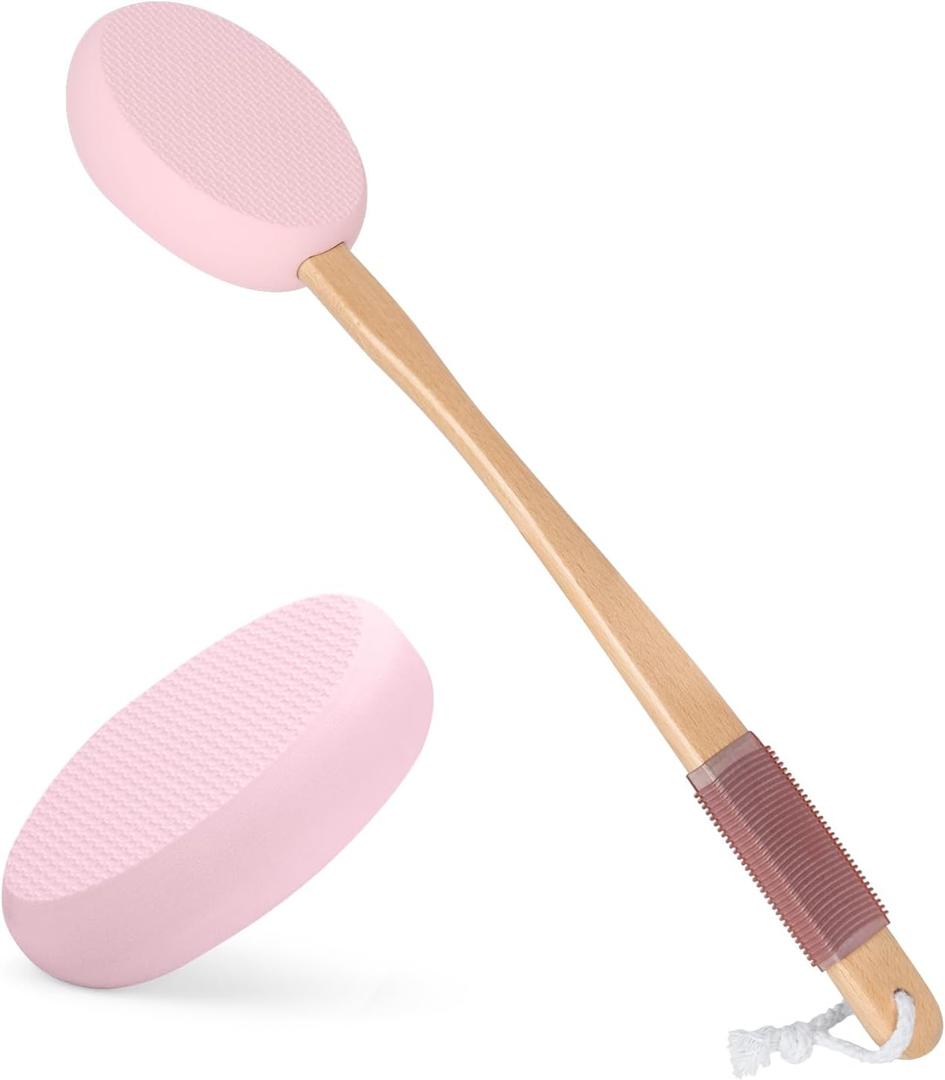 AmazerBath Lotion Applicator for Back, Feet, 2 Replacement Pads with 17" Curved Handle, Back Sunscreen Applicator for Kids, Elderly, Women, Apply Cream Medicine Moisturizer Tanner, Pink