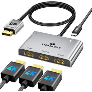 THANDBLE DisplayPort to HDMI Splitter for Multi Monitor Adapter, HDMI Splitter Extended Display 1 in 3 Out MST Hub (4K@60Hz) for Extended or Cloned Display Mode, DP to 3X HDMI Port with PC, NVIDIA AMD