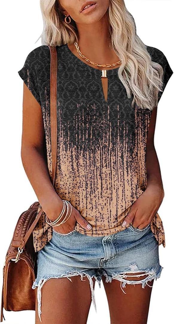 Kistore Women's Summer Casual V Neck Tank Tops Cap Sleeve Loose Fit Blouses Tunic Shirts (B-orange Background Gray Leopard) S