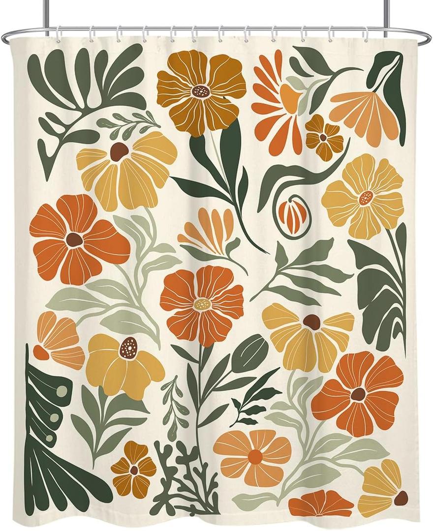 Boho Floral Shower Curtain Large Extra Long Vintage Retro Orange Flower Cute Colorful Bright Fun Funny Abstract Leaves Funky Pretty Fabric Cloth Bathroom Decor Set 72x84 inch Polyester 12 Hooks