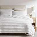 White Striped King Size Quilt Set, Lightweight Pick Stitch Bedspread with 2 Shams, Soft Cloud Chambray Farmhouse Country Textured Coverlet Rustic Thin Comforter Spring Summer, 3-Piece Bedding Set