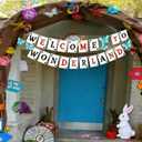 Resurhang 8 Pcs Wonderland Tea Party Decorations 2 6.6ft Welcome to Wonderland Hanging Banners with 6 3D Blue Butterflies Poker Cards Garlands for Birthday Onederland Baby Shower Party Supplies