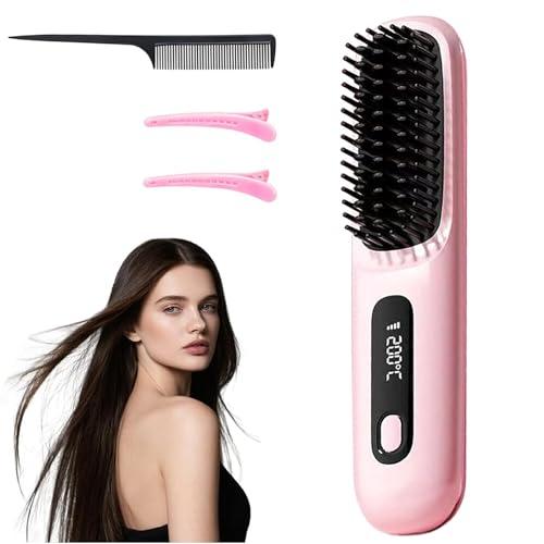 Go Brush Pro 2025 New Cordless Hair Straightener Brush - 199 Million Negative Ions, Compact & Travel-Friendly with LED Display, 4000mAh Rechargeable, Anti-Scald Mini Hot Comb for Women (Pink)
