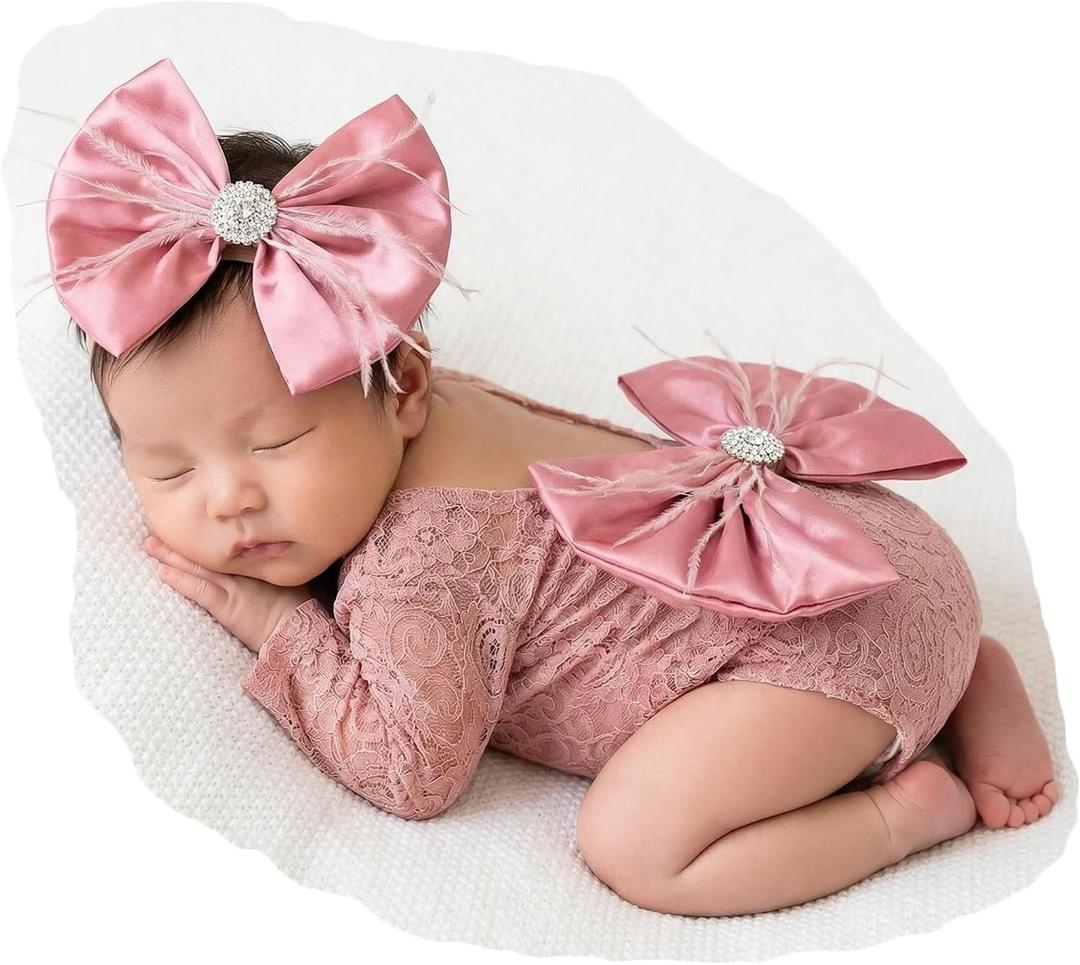 Zeroest Newborn Photography Props, Infant Girl Photoshoot Lace Romper & Bow Headband Outfit, Baby Photo Props for Newborns