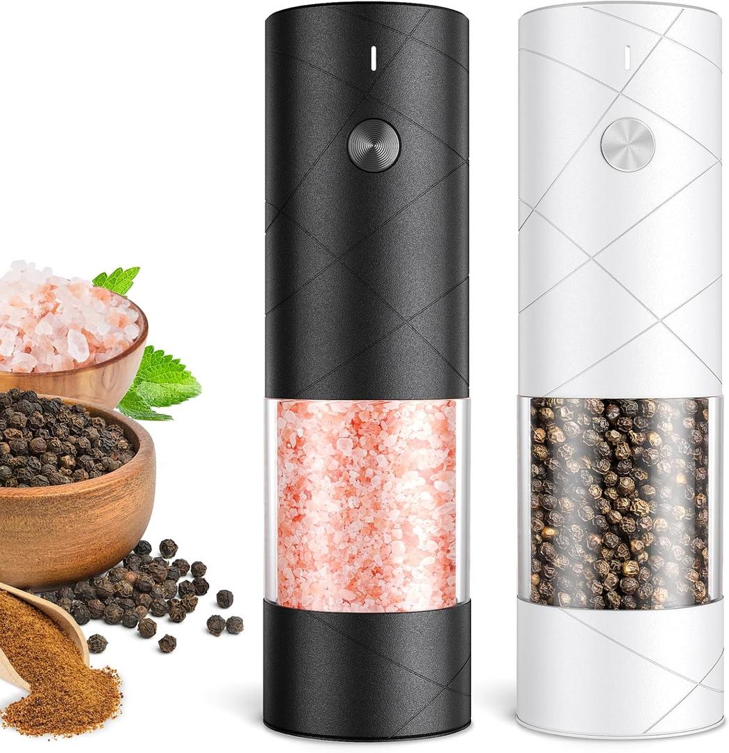 Electric Salt and Pepper Grinder Set, Rechargeable Automatic Pepper Mill Grinder with LED Light Gifts for Women, Adjustable Coarseness shakers, One-Hand Operation for Kitchen Essentials (Rechargeable-Upgrade Black/White 2PC)