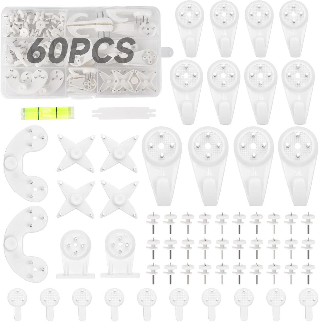 60 PCS Picture Hangers Hanging Kit, Heavy Duty Hooks for Stucco/Concrete/Hard Walls Without Drilling, Invisible Nail&25 LBS Weight Load