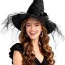 Witch Hat for Women Halloween Lace Wizard Hat Party Hats Black Mesh Veil Wizard Women's Costume Accessory for Adults Fancy Dress Halloween Accessories