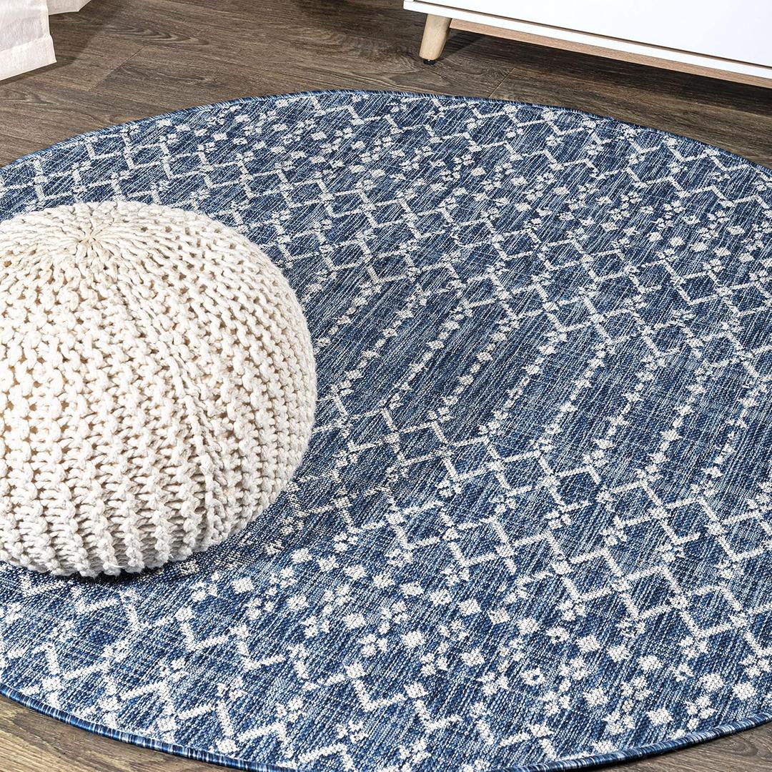 JONATHAN Y Moroccan Geometric Indoor Outdoor Round Area Rug 4 Ft Navy/Light Gray, Ourika Textured Weave for Backyard, Patio, Porch, Easy-Cleaning, High Traffic, Pet-Friendly, Non-Shedding SMB108B-4R, 3'11"