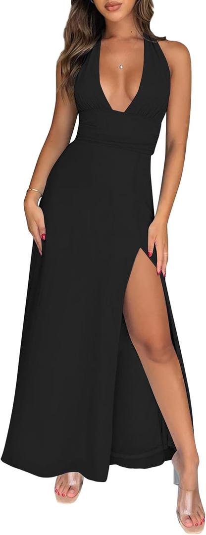 Women's Sexy V Neck Halter Maxi Dress Ruched Waist Tie Backless Summer Flowy Slit Wedding Cocktail Party Long Dresses (Large, All Black)