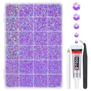 Light Purple AB Resin Rhinestones w B7000 Glue for Bedazzling Crafting 2mm-6mm Violet Flatback Jelly Stones Diamonds Gems Bedazzler Kit for Nails Face Makeup Tumblers Bottles DIY Crafts Shoes
