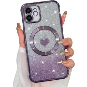 Bonoma Magnetic Glitter for iPhone 12 [ Compatible with MagSafe ], Luxury Love Heart Pattern Plating Bling Clear Case,Camera Protection Sparkly Slim Soft Back Cover for Women Girls,Purple