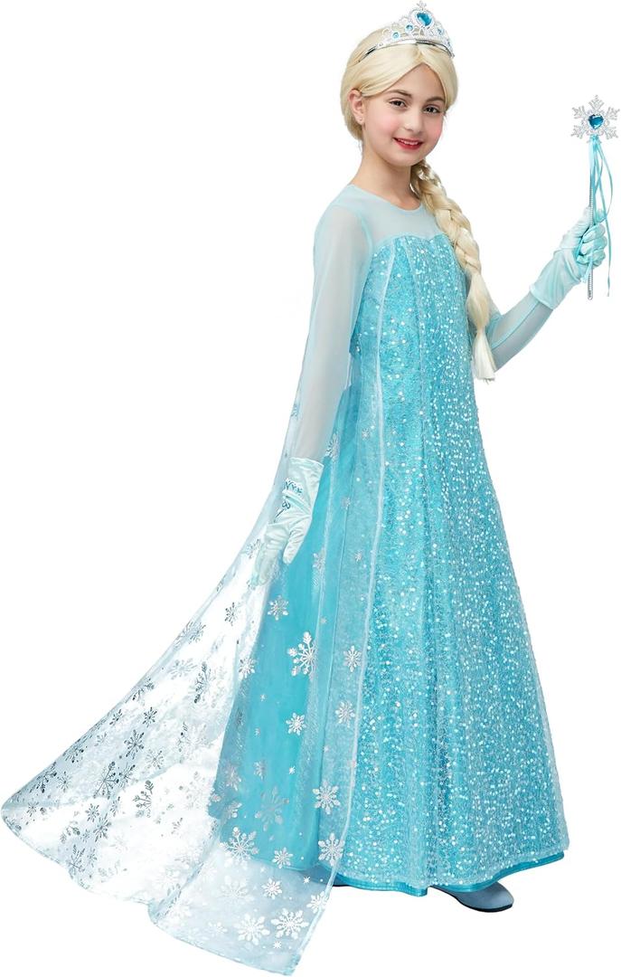 Spooktacular Creations Ice Princess Dress for Girls, Snow Princess Costume, Sequin Dress with Cape for Kid Halloween Birthday (Blue, S)