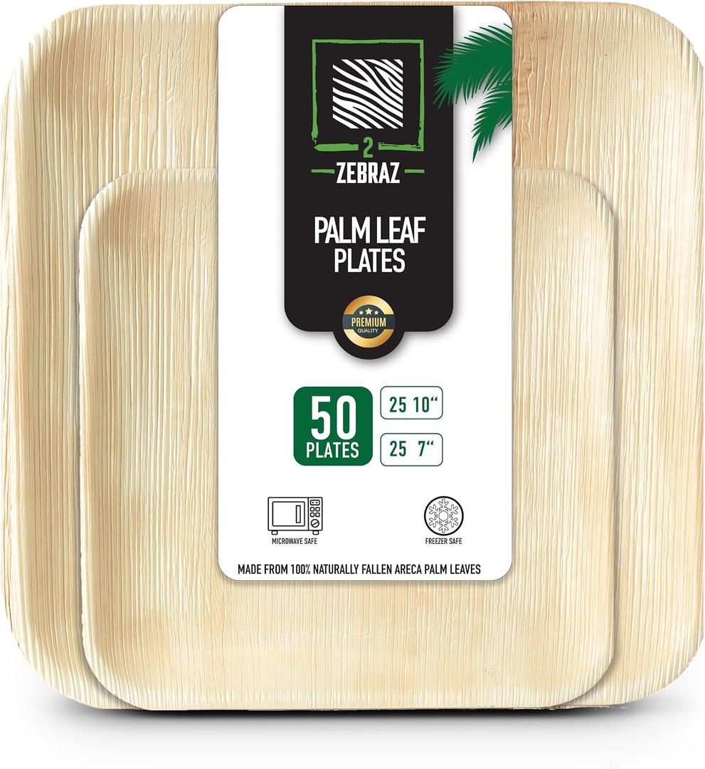 Palm Leaf Plates 50 Pack, 25 Dinner 10 Inch and 25 Dessert 7 Inch, Heavy-Duty Natural Square Plates for Weddings, Parties, BBQs and Catering