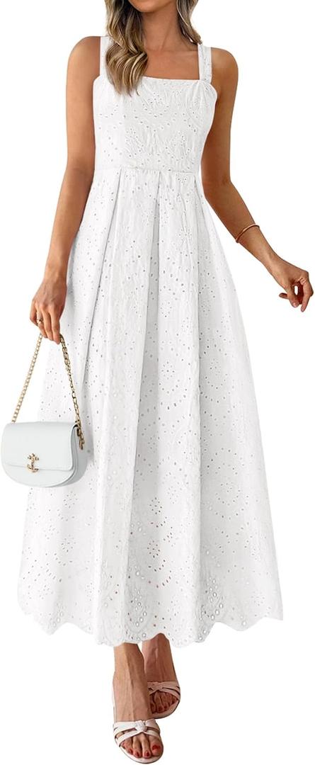 PRETTYGARDEN Womens Sleeveless Maxi Summer Dresses 2026 Hollow Out Eyelet Square Neck Ruffle Flowy Beach Vacation Sundress (Small, White)