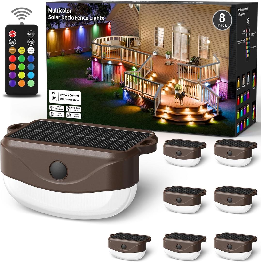 Solar Fence Lights with Remote Control 50ft,15 Multi Colors Solar Powered Outdoor Step Lighting,IP67 Waterproof Led RGBYW Colors Lamp for Outside Fence/Deck/Backyard/Stair Railing/Wall/Patio/Pool (8 Pack, Brown)