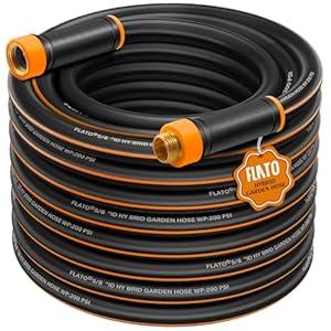 FLATO Garden Hose 5/ 8" x 50FT, Light Weight and Flexible, All Weather Use, Hybrid Polymer Water Hose with Brass Fittings, for Yard, Outdoor, Lawn (Black, Orange stripes)