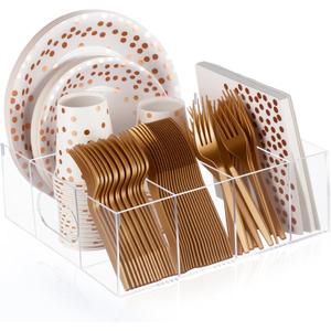 LemonRoad Utensil Holder for Party Acrylic Silverware Caddy Paper Plate Napkins Cups Fork Spoon Organizer with 6 Compartments Cutlery Caddy for Countertop Kitchen Party Camping Picnic